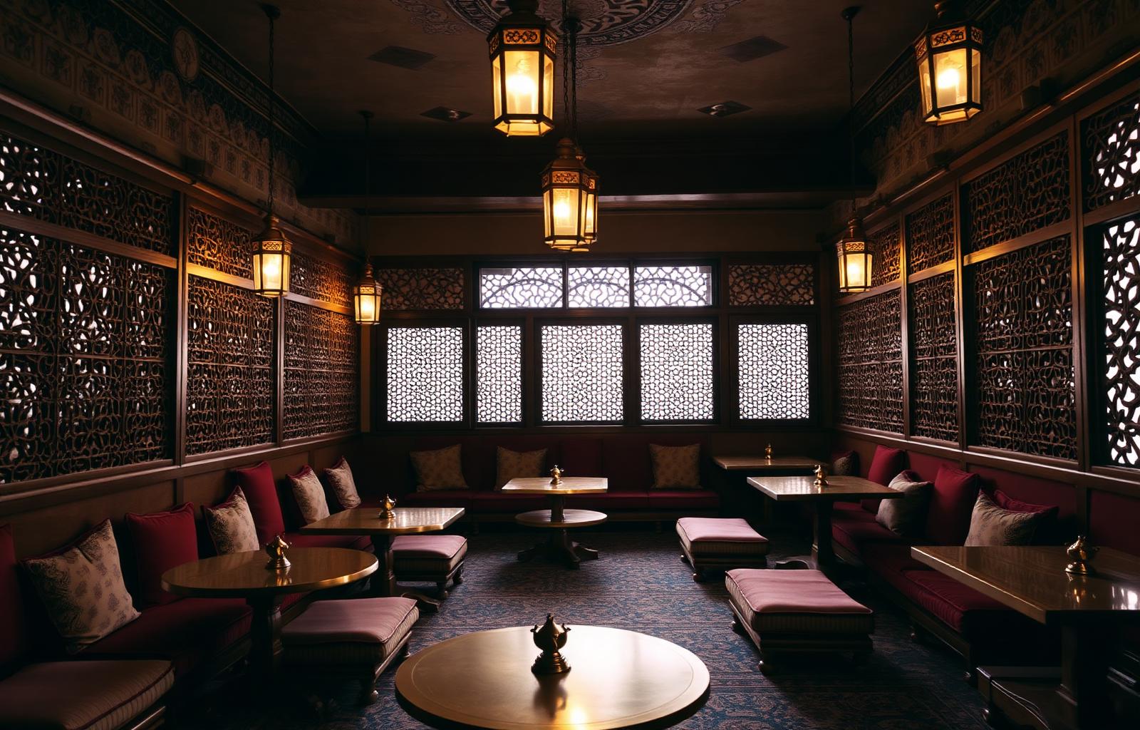 Inside Yemen Cafe — majlis seating with brass lanterns